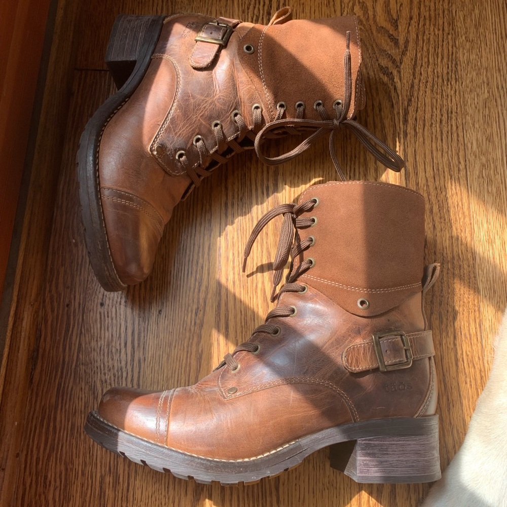lightly worn brown tao heeled boots